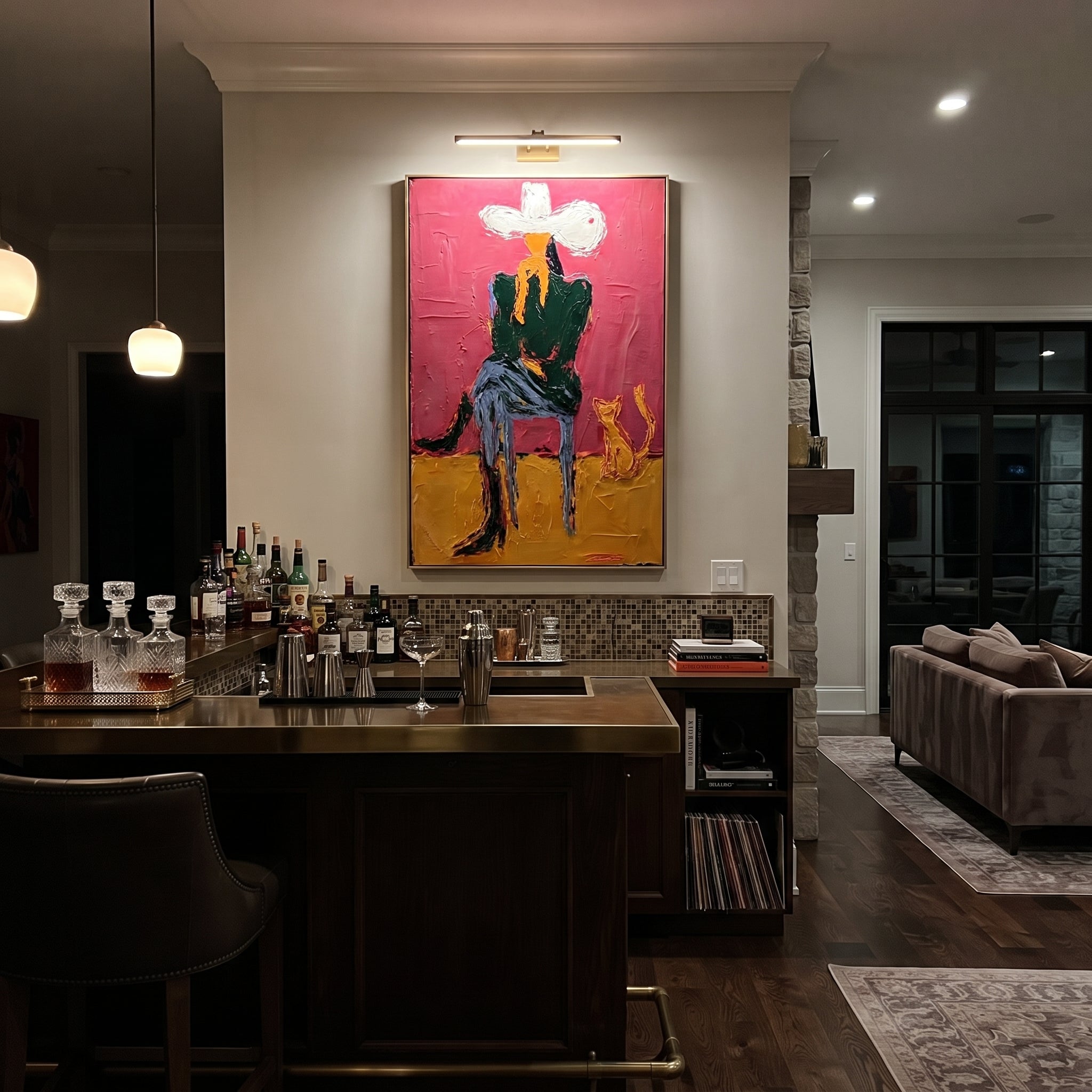 Small Dog Shares Silence - cowboy and dog portrait by Ethan Mercer, contemporary Western vertical wall art – styled room scene view 3