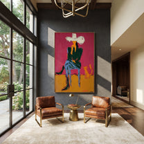 Small Dog Shares Silence - cowboy and dog portrait by Ethan Mercer, contemporary Western vertical wall art – styled room scene view 4