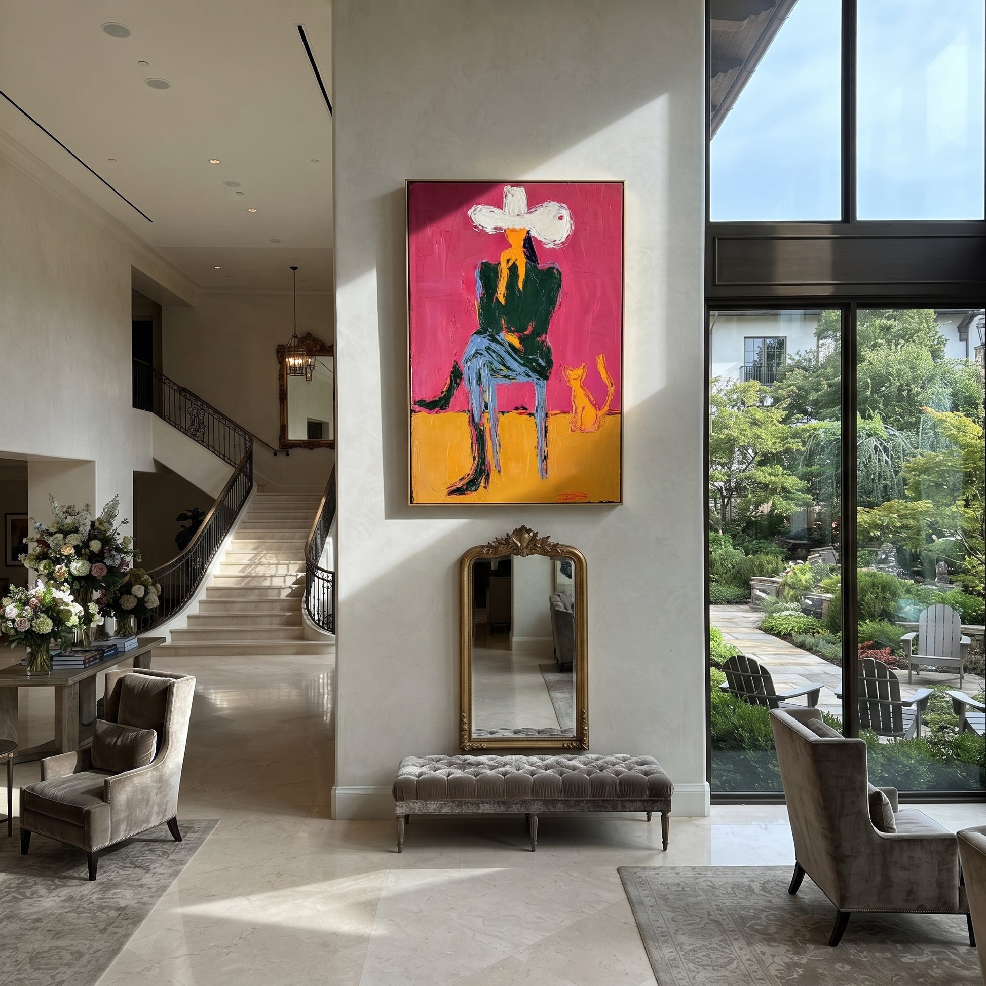 Small Dog Shares Silence - cowboy and dog portrait by Ethan Mercer, contemporary Western vertical wall art – styled room scene view 5