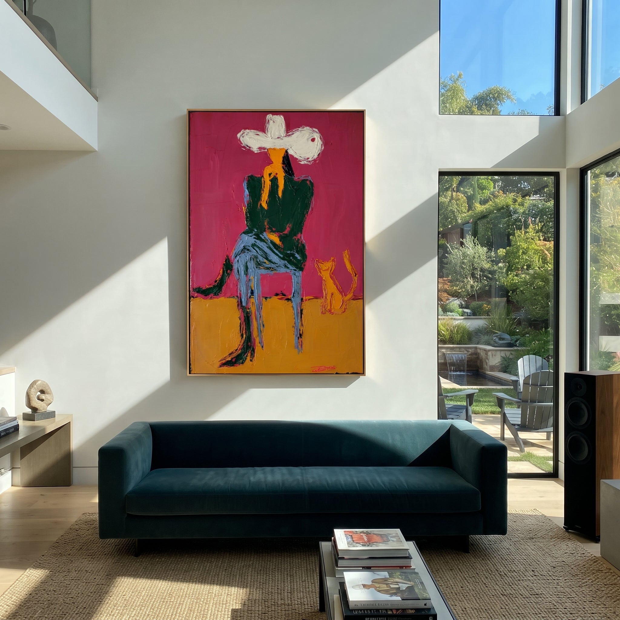 Small Dog Shares Silence - cowboy and dog portrait by Ethan Mercer, contemporary Western vertical wall art – styled room scene view 6