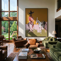 Two Horses Wait Nearby - seated cowboy horses painting by Ethan Mercer, contemporary Western vertical wall art – styled room scene view 1