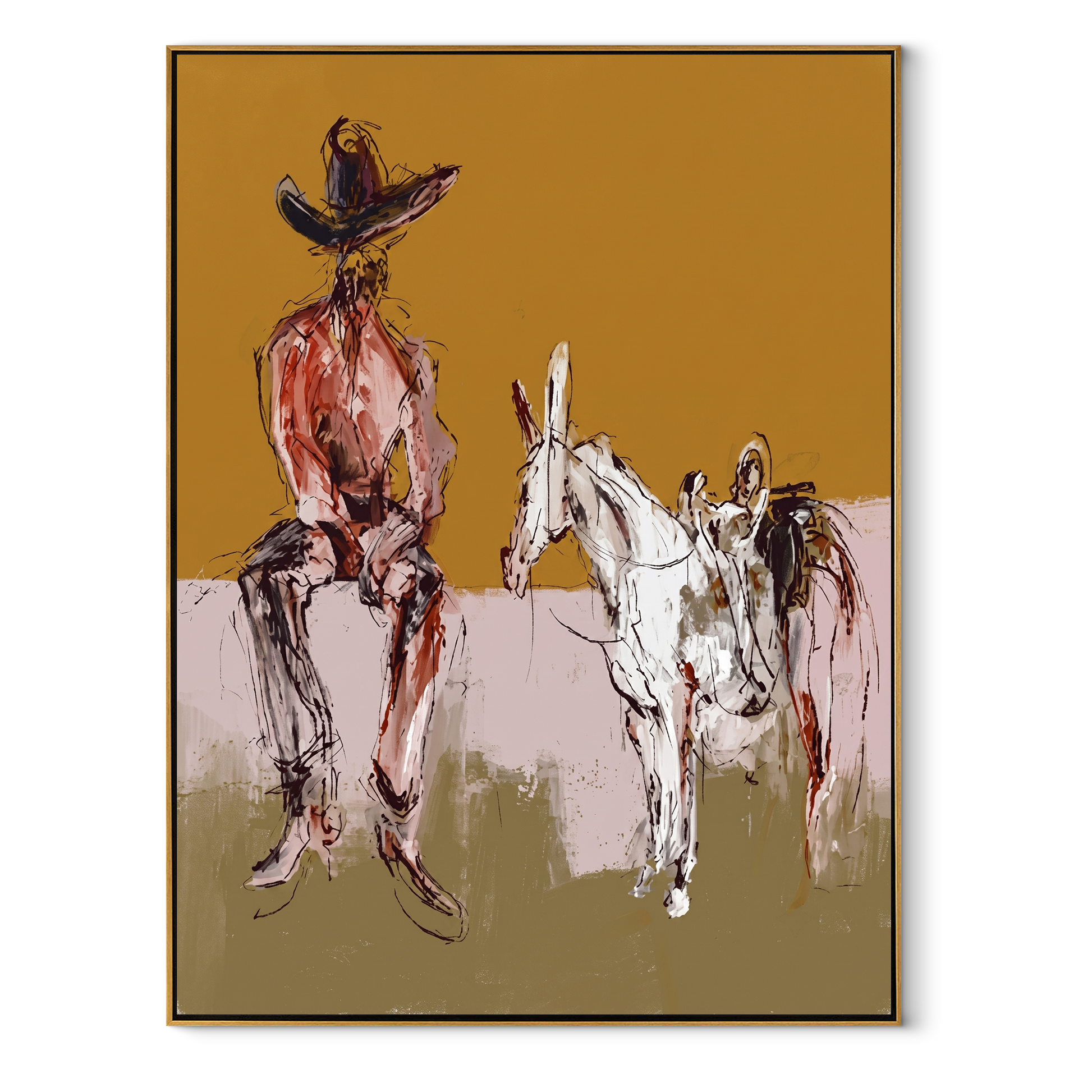 Two Horses Wait Nearby - seated cowboy horses painting by Ethan Mercer, contemporary Western vertical wall art – wood frame on white background