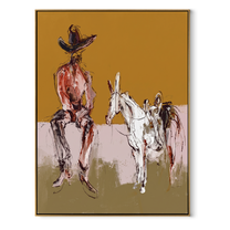 Two Horses Wait Nearby - seated cowboy horses painting by Ethan Mercer, contemporary Western vertical wall art – wood frame on white background