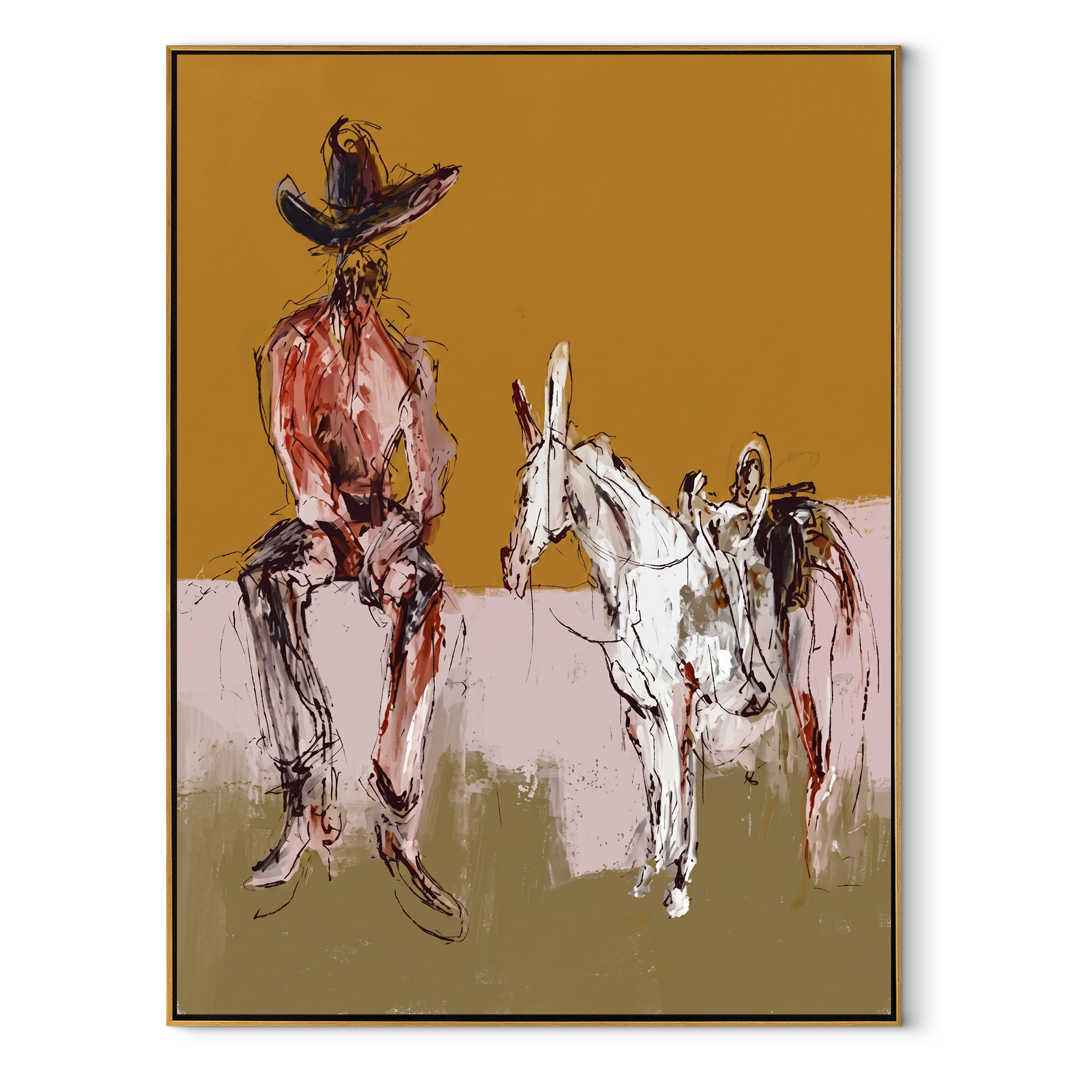 Two Horses Wait Nearby - seated cowboy horses painting by Ethan Mercer, contemporary Western vertical wall art – wood frame on white background
