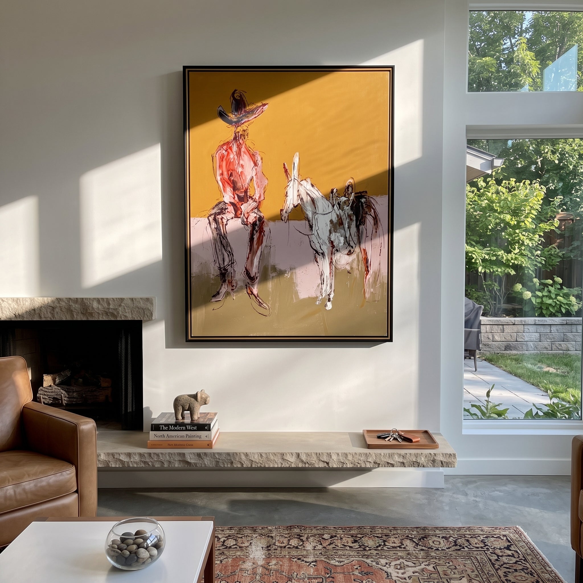 Two Horses Wait Nearby - seated cowboy horses painting by Ethan Mercer, contemporary Western vertical wall art – styled room scene view 2