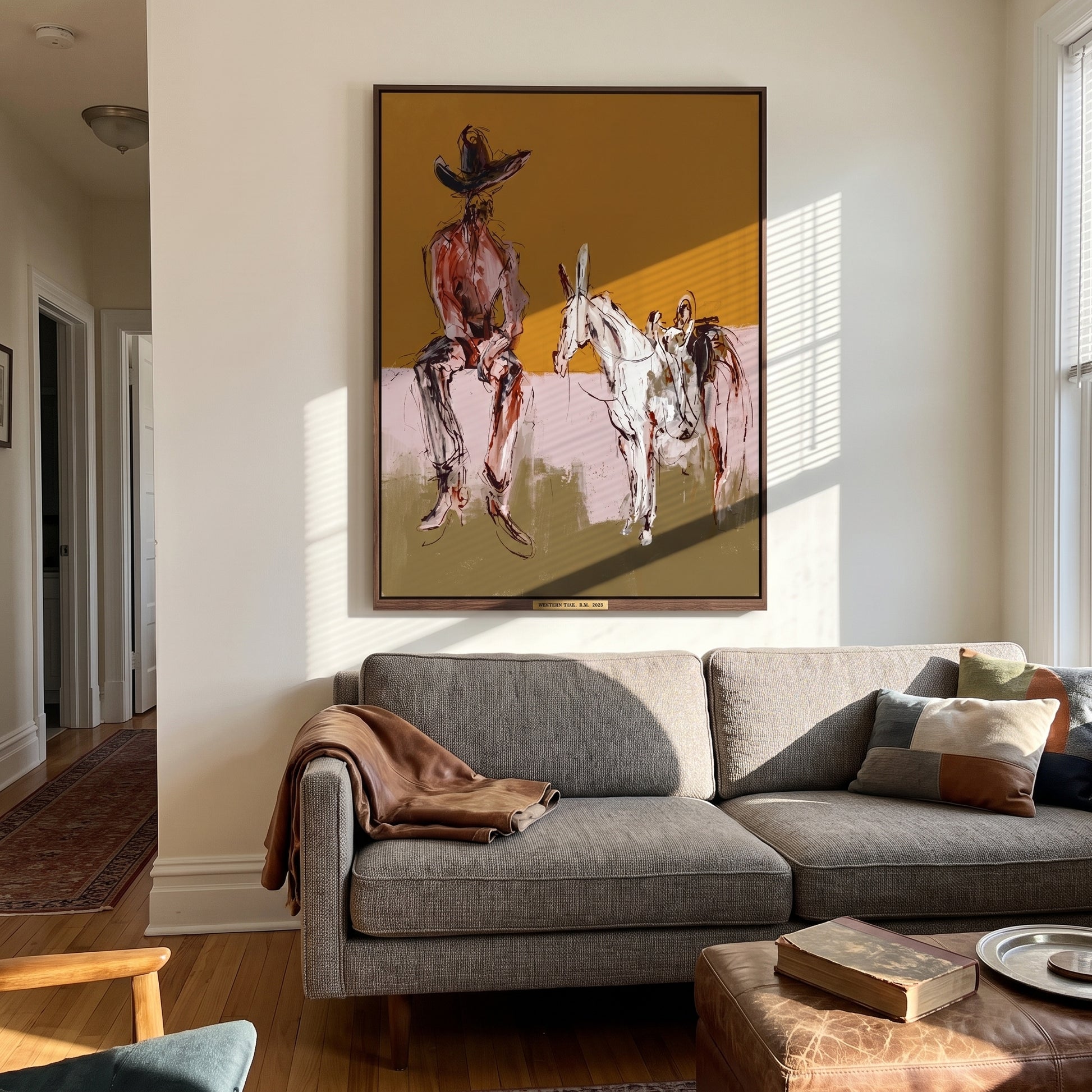 Two Horses Wait Nearby - seated cowboy horses painting by Ethan Mercer, contemporary Western vertical wall art – styled room scene view 3