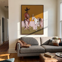 Two Horses Wait Nearby - seated cowboy horses painting by Ethan Mercer, contemporary Western vertical wall art – styled room scene view 3