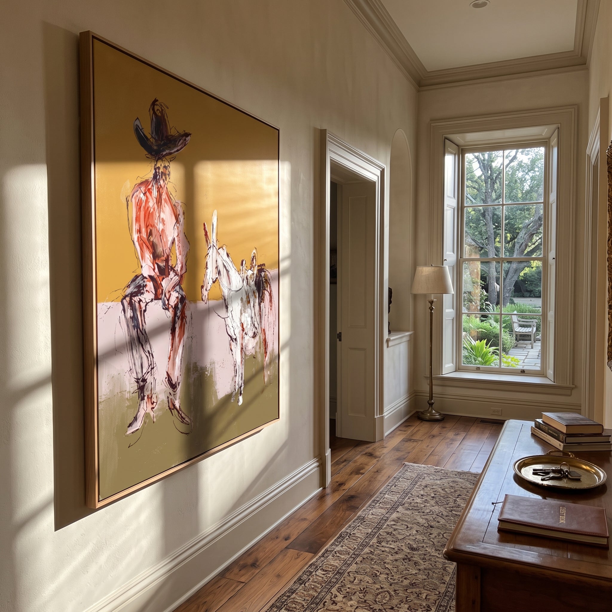 Two Horses Wait Nearby - seated cowboy horses painting by Ethan Mercer, contemporary Western vertical wall art – styled room scene view 4