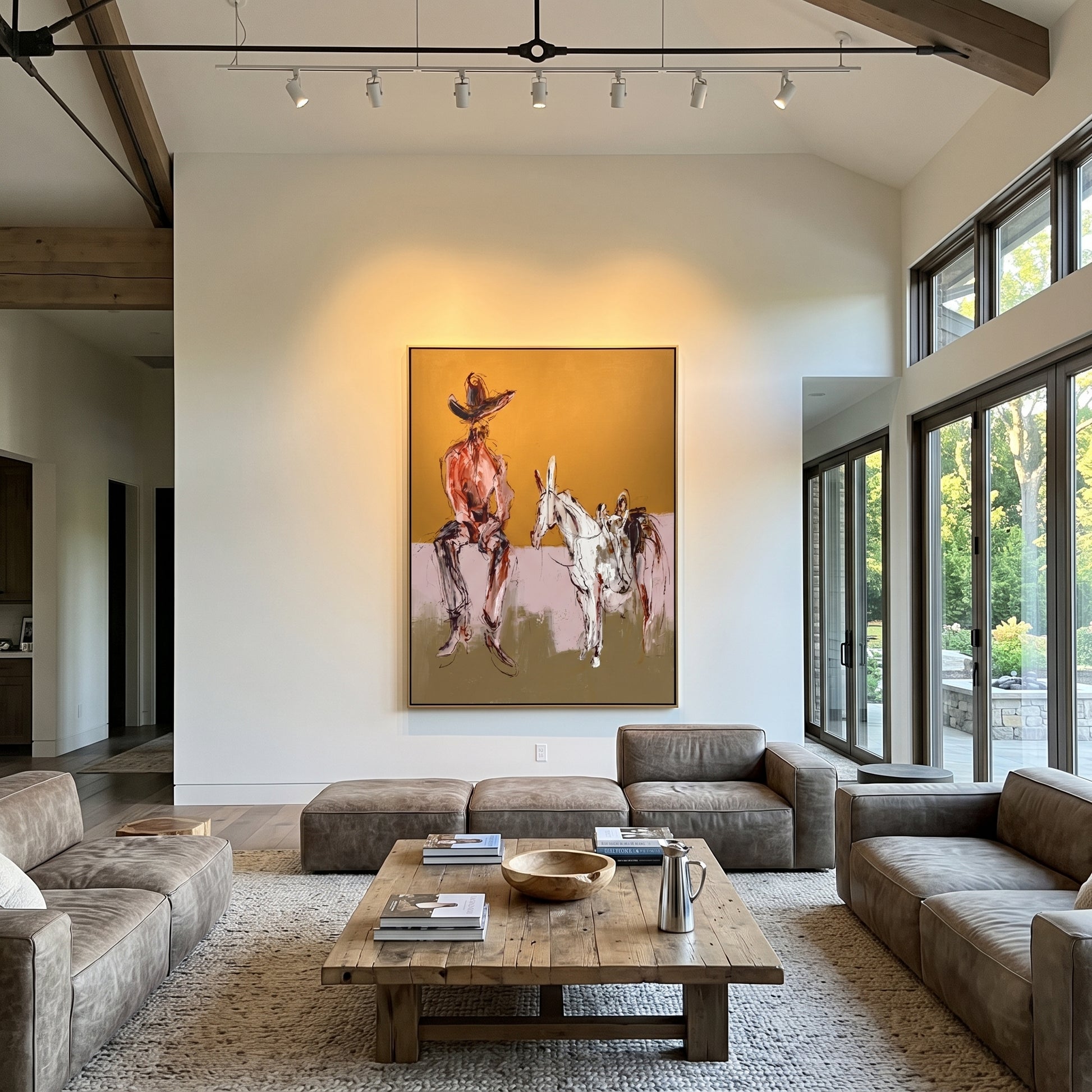 Two Horses Wait Nearby - seated cowboy horses painting by Ethan Mercer, contemporary Western vertical wall art – styled room scene view 5