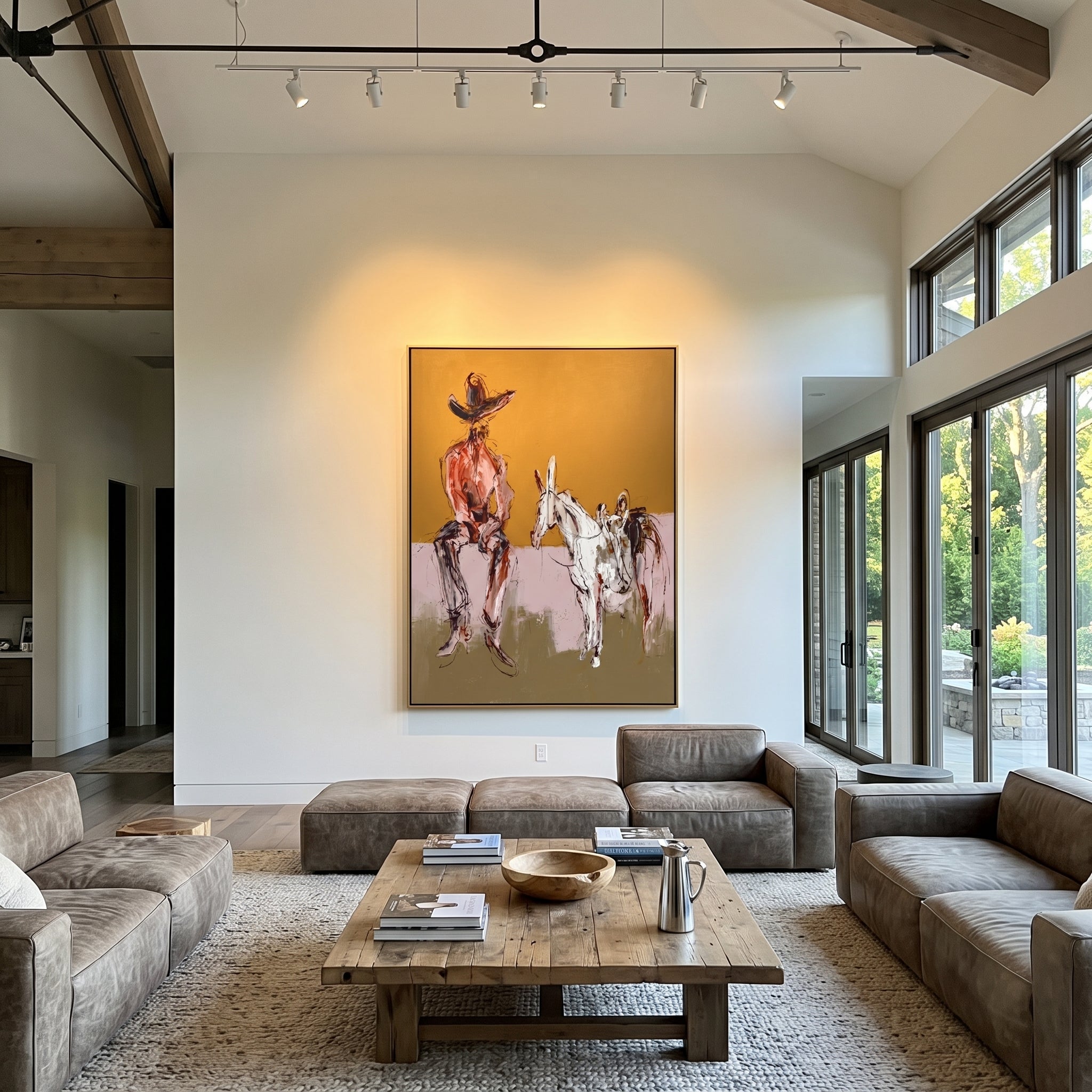 Two Horses Wait Nearby - seated cowboy horses painting by Ethan Mercer, contemporary Western vertical wall art – styled room scene view 5
