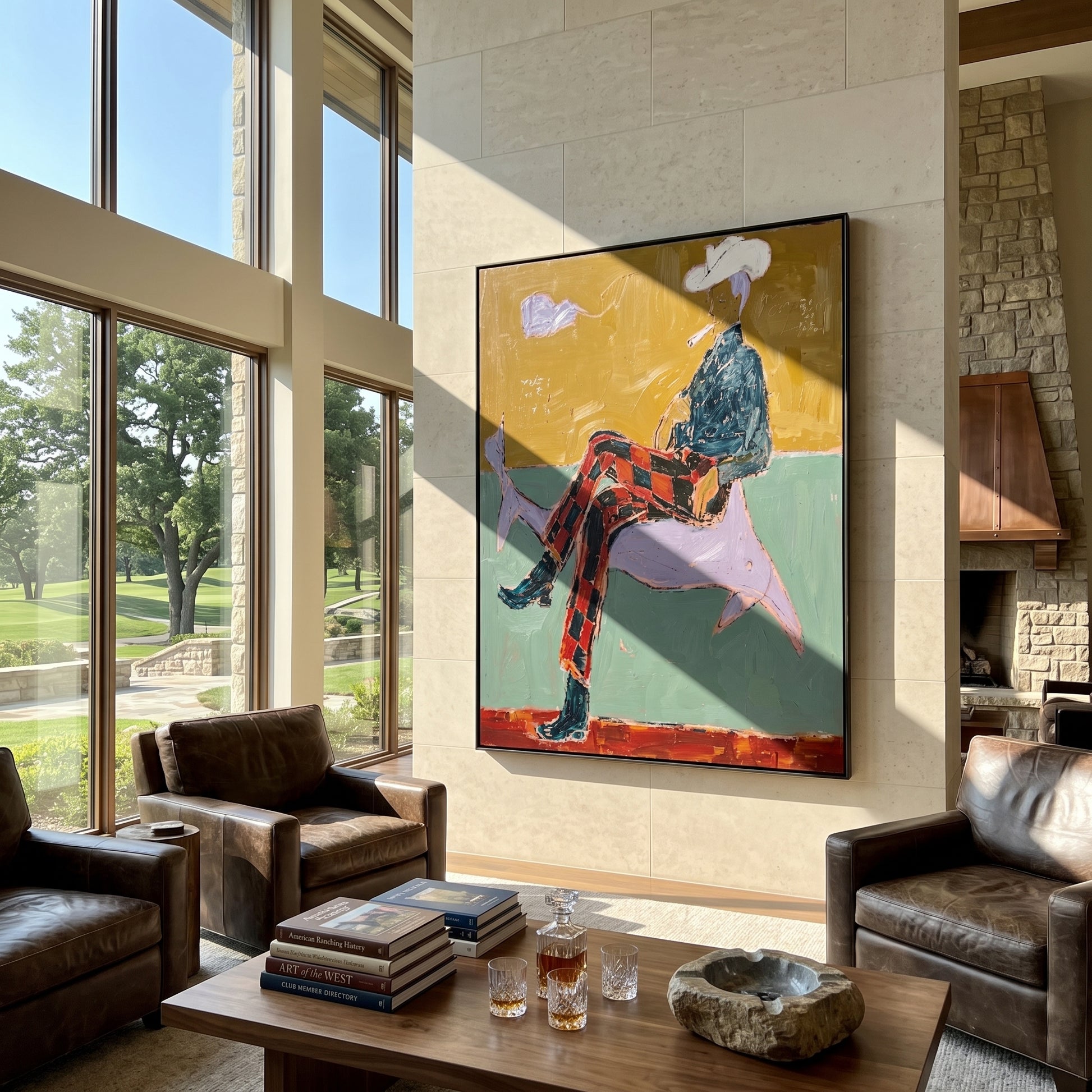 Plaid Legs Cross Silver - surreal cowboy animal painting by Ethan Mercer, contemporary Western vertical wall art – styled room scene view 1