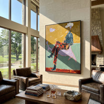 Plaid Legs Cross Silver - surreal cowboy animal painting by Ethan Mercer, contemporary Western vertical wall art – styled room scene view 1