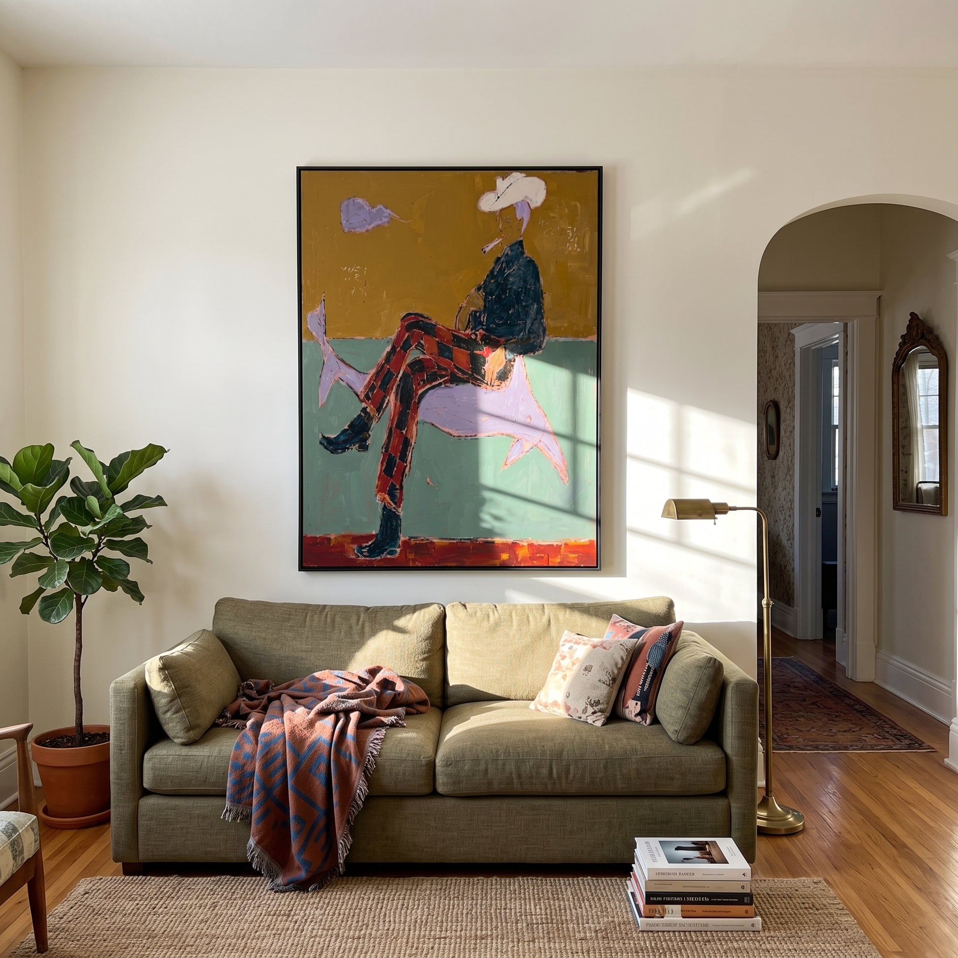 Plaid Legs Cross Silver - surreal cowboy animal painting by Ethan Mercer, contemporary Western vertical wall art – styled room scene view 2