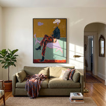 Plaid Legs Cross Silver - surreal cowboy animal painting by Ethan Mercer, contemporary Western vertical wall art – styled room scene view 2