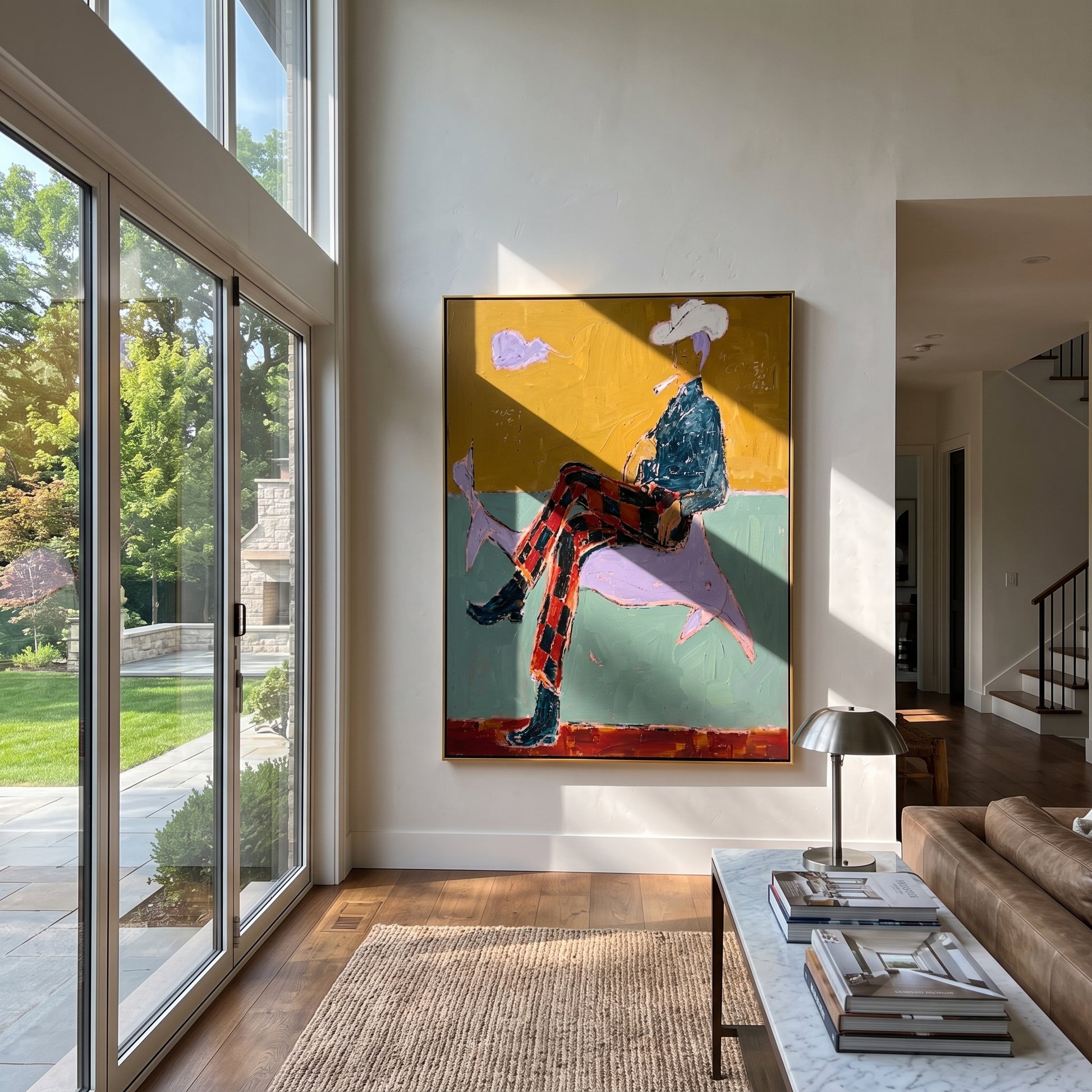 Plaid Legs Cross Silver - surreal cowboy animal painting by Ethan Mercer, contemporary Western vertical wall art – styled room scene view 4
