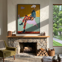 Plaid Legs Cross Silver - surreal cowboy animal painting by Ethan Mercer, contemporary Western vertical wall art – styled room scene view 5
