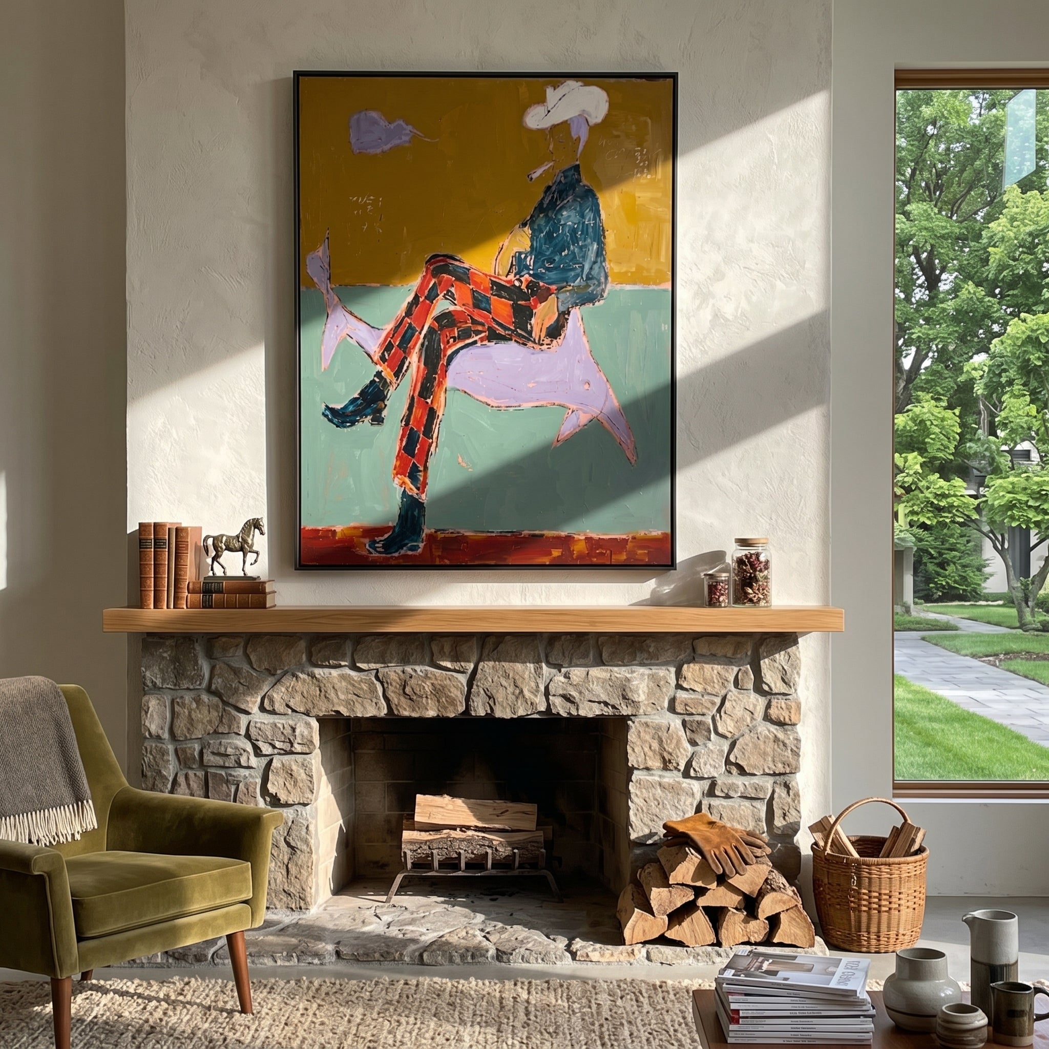 Plaid Legs Cross Silver - surreal cowboy animal painting by Ethan Mercer, contemporary Western vertical wall art – styled room scene view 5
