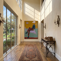 Plaid Legs Cross Silver - surreal cowboy animal painting by Ethan Mercer, contemporary Western vertical wall art – styled room scene view 6