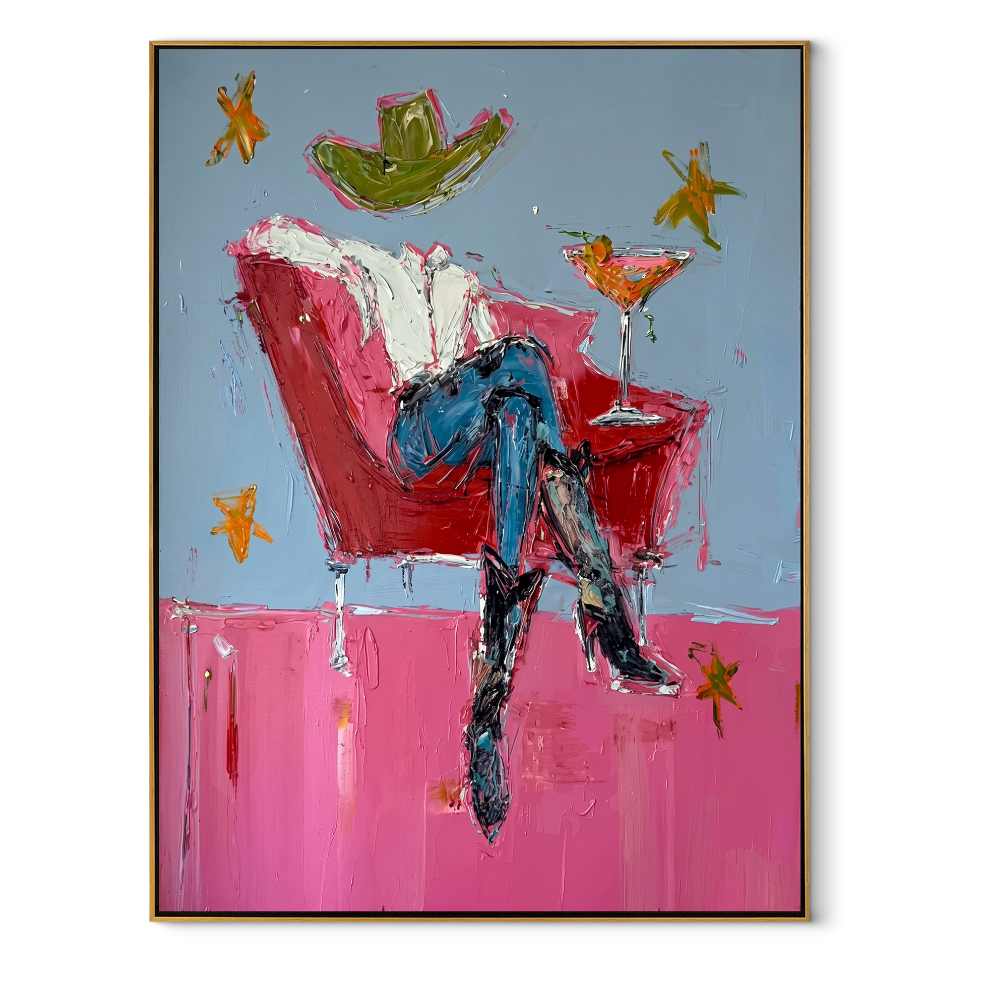 Red Chair Floats Blue - cowboy cocktail chair painting by Ethan Mercer, contemporary Western vertical wall art – wood frame on white background