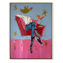 Red Chair Floats Blue - cowboy cocktail chair painting by Ethan Mercer, contemporary Western vertical wall art – wood frame on white background