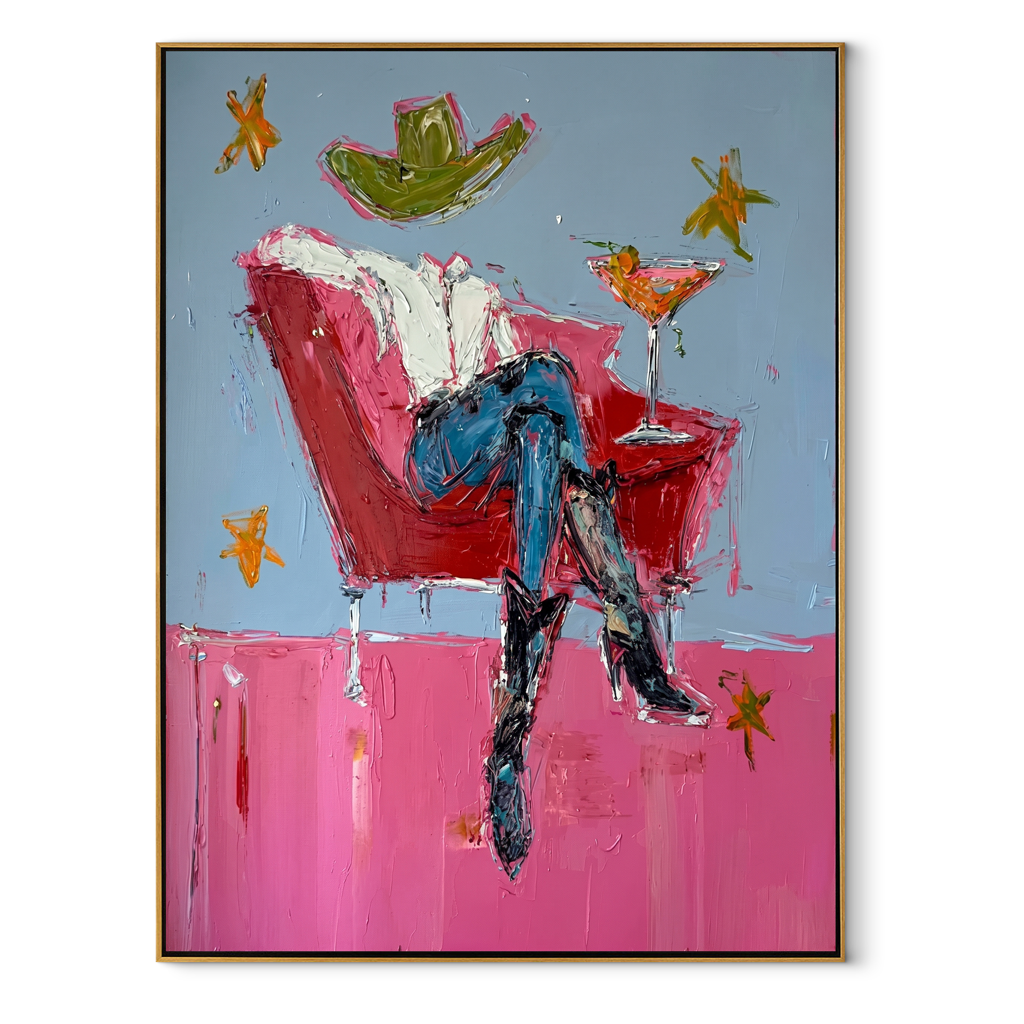 Red Chair Floats Blue - cowboy cocktail chair painting by Ethan Mercer, contemporary Western vertical wall art – wood frame on white background