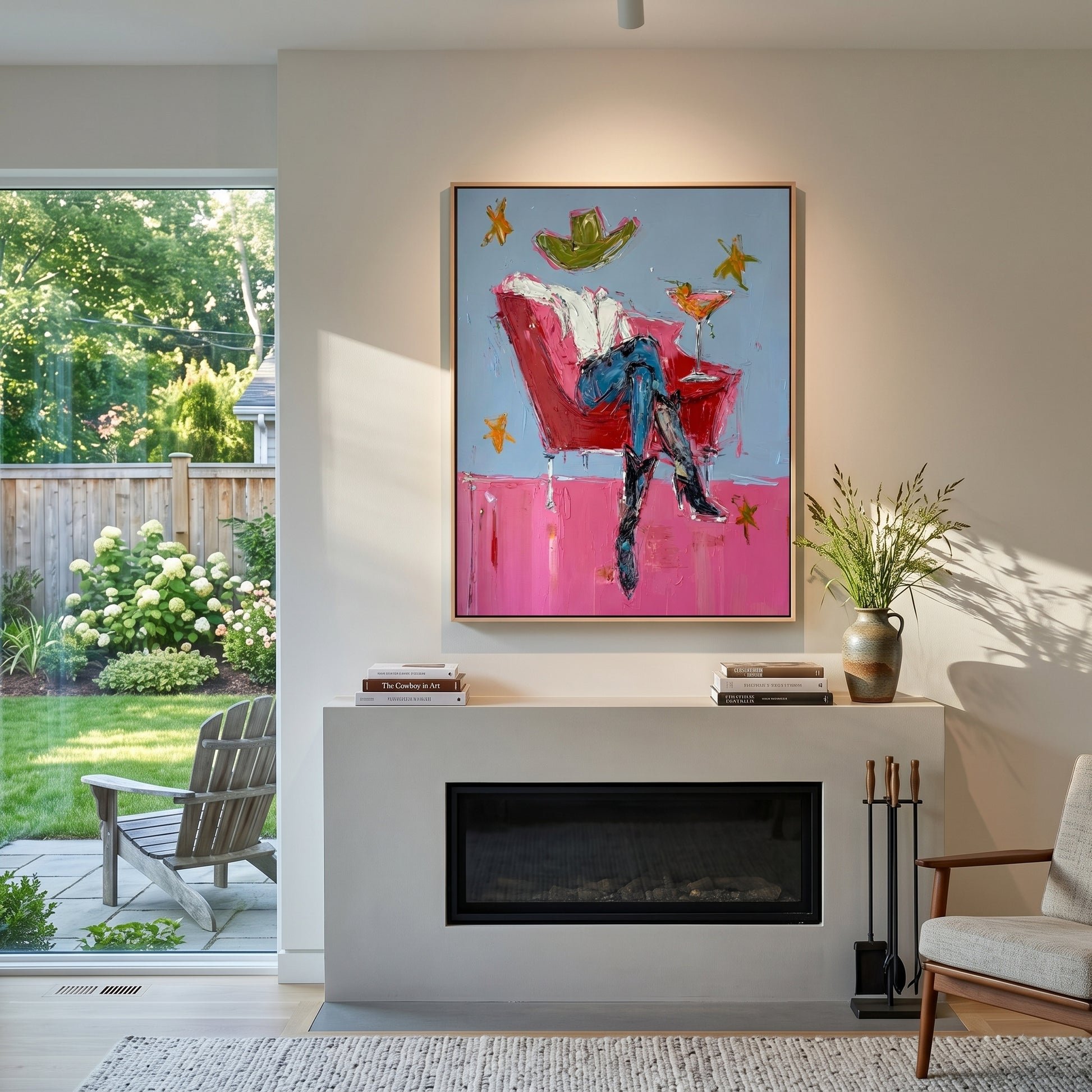 Red Chair Floats Blue - cowboy cocktail chair painting by Ethan Mercer, contemporary Western vertical wall art – styled room scene view 2