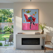 Red Chair Floats Blue - cowboy cocktail chair painting by Ethan Mercer, contemporary Western vertical wall art – styled room scene view 2