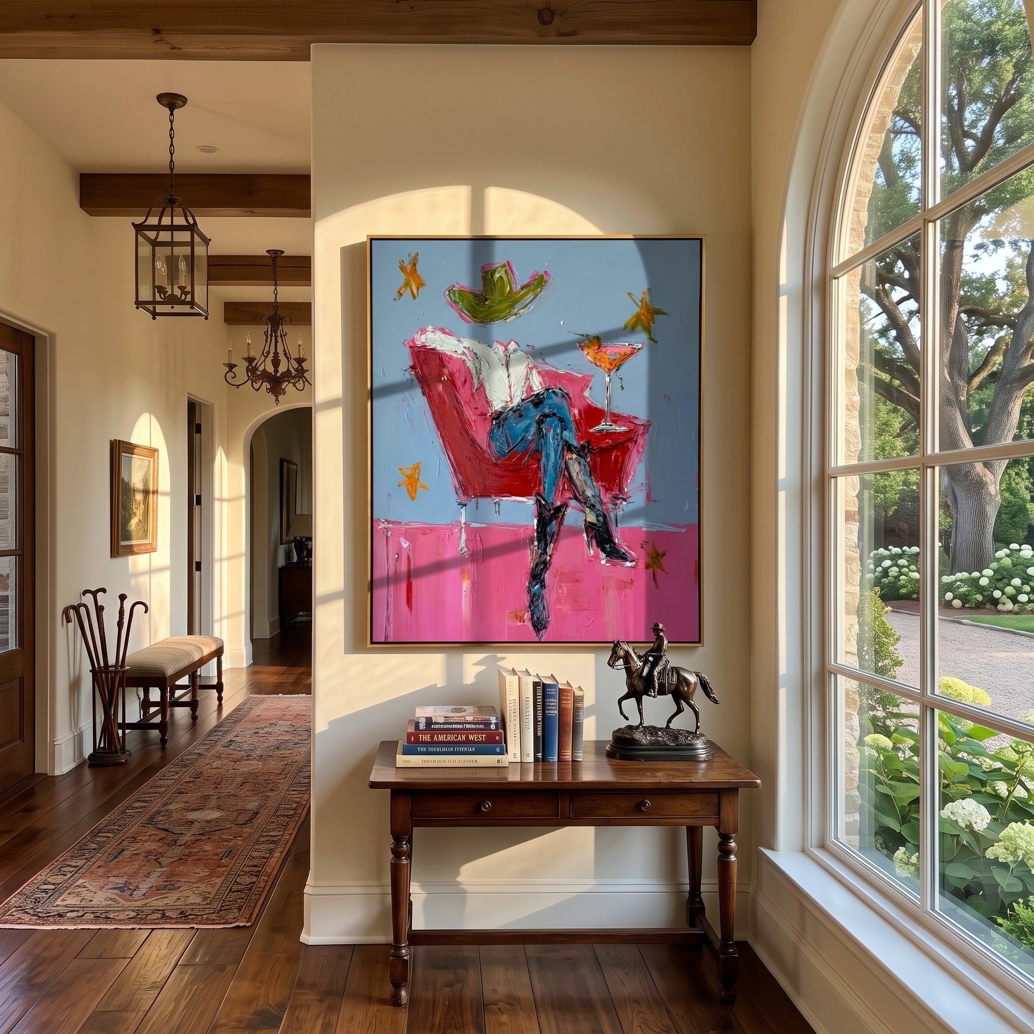 Red Chair Floats Blue - cowboy cocktail chair painting by Ethan Mercer, contemporary Western vertical wall art – styled room scene view 3