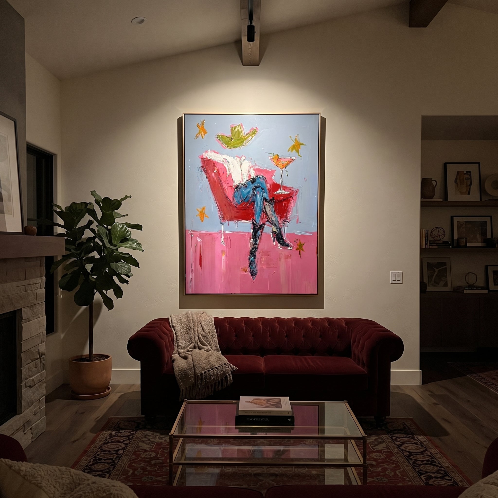 Red Chair Floats Blue - cowboy cocktail chair painting by Ethan Mercer, contemporary Western vertical wall art – styled room scene view 4