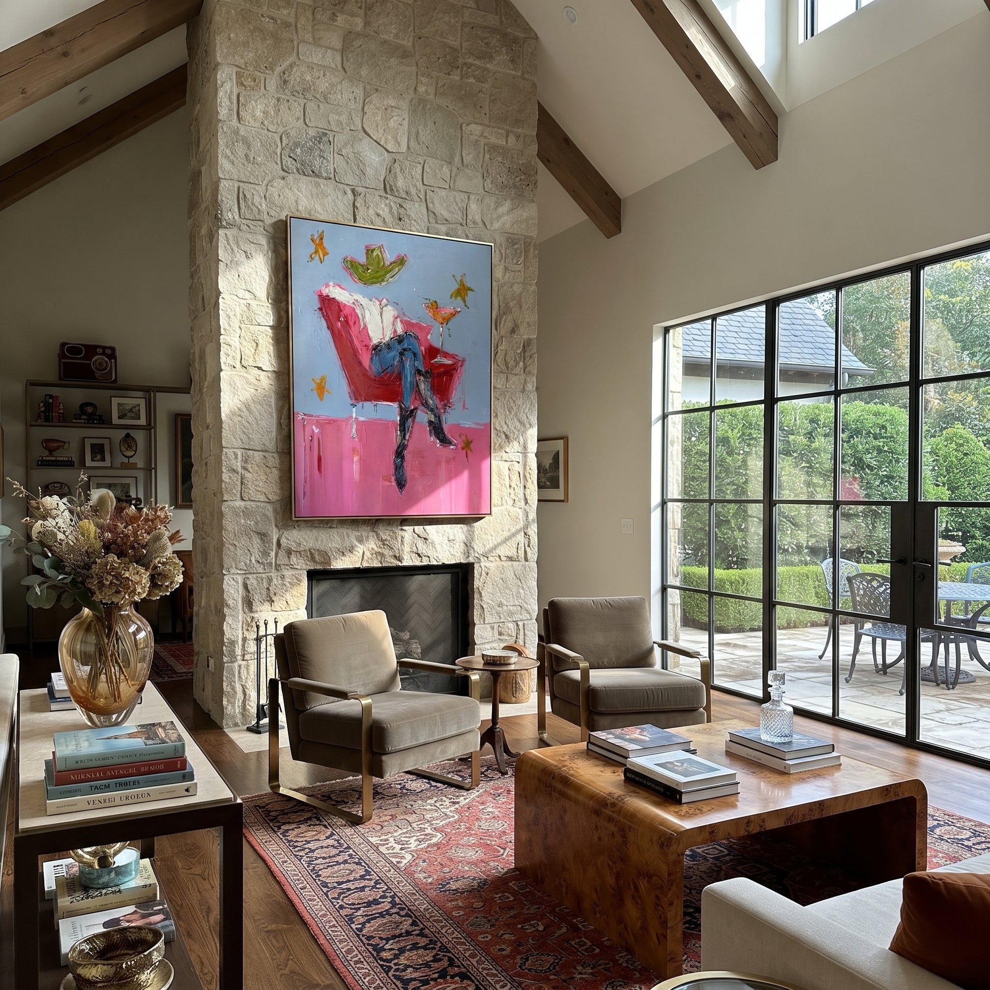 Red Chair Floats Blue - cowboy cocktail chair painting by Ethan Mercer, contemporary Western vertical wall art – styled room scene view 5