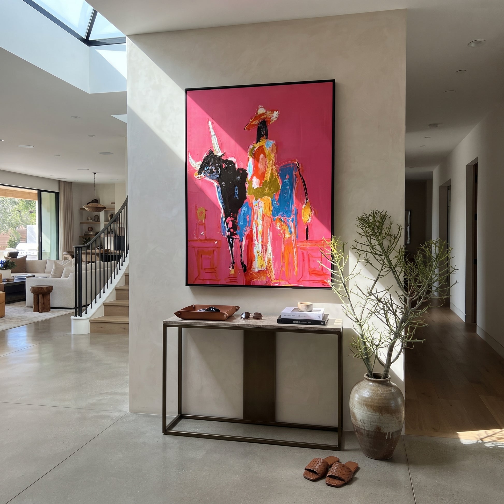 Flowing Dress Rides Midnight - cowgirl black longhorn painting by Ethan Mercer, contemporary Western vertical wall art – styled room scene view 1