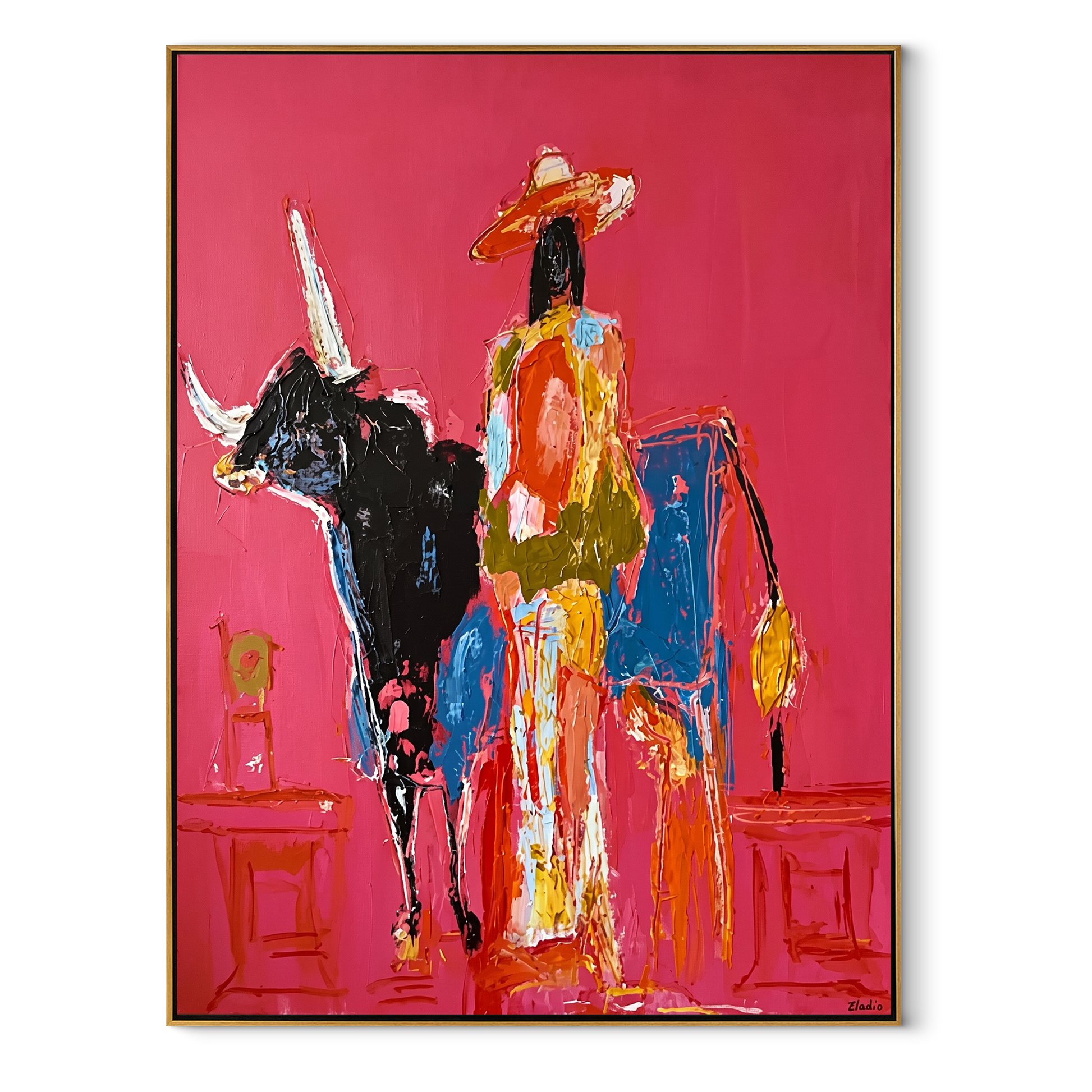 Flowing Dress Rides Midnight - cowgirl black longhorn painting by Ethan Mercer, contemporary Western vertical wall art – wood frame on white background