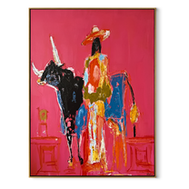 Flowing Dress Rides Midnight - cowgirl black longhorn painting by Ethan Mercer, contemporary Western vertical wall art – wood frame on white background