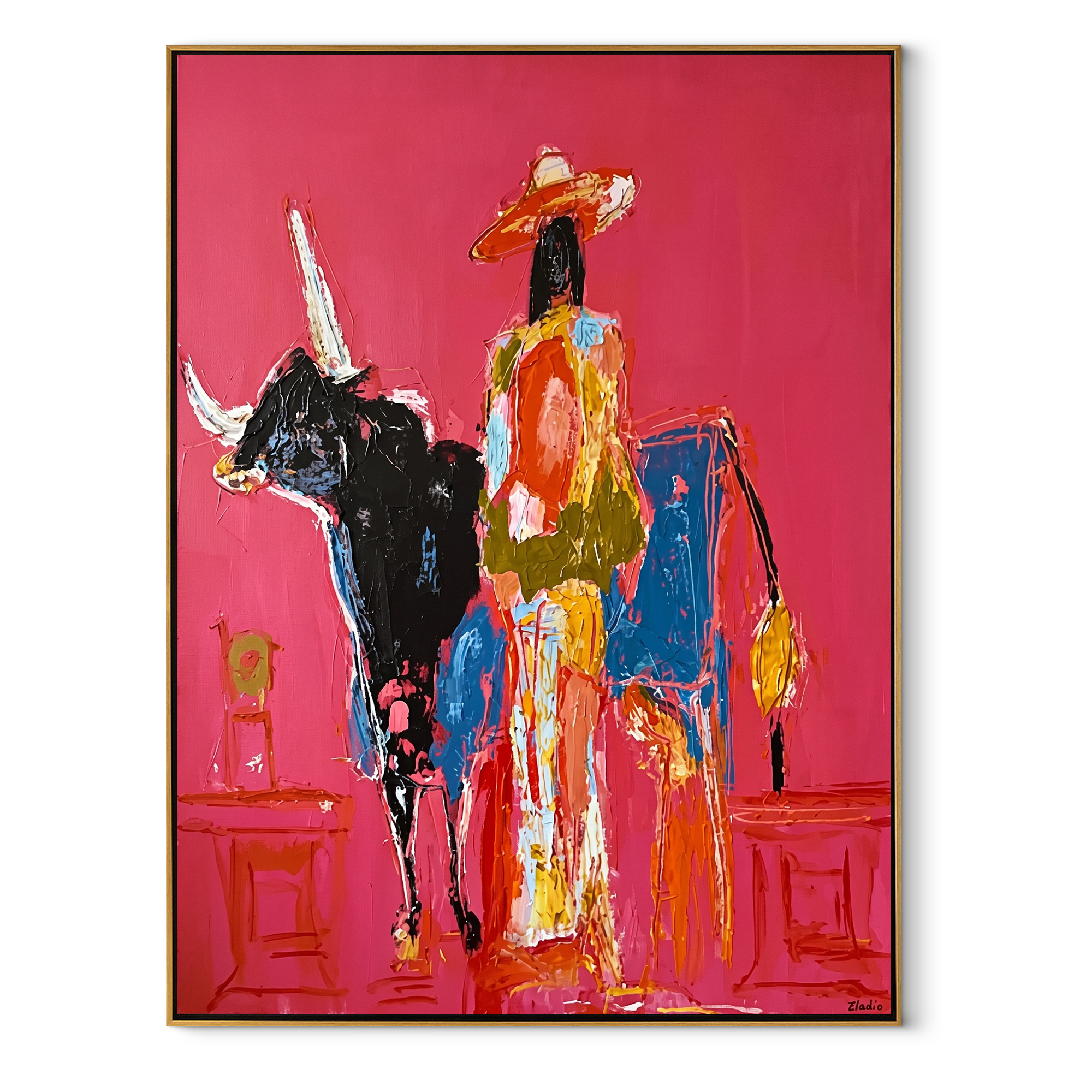 Flowing Dress Rides Midnight - cowgirl black longhorn painting by Ethan Mercer, contemporary Western vertical wall art – wood frame on white background