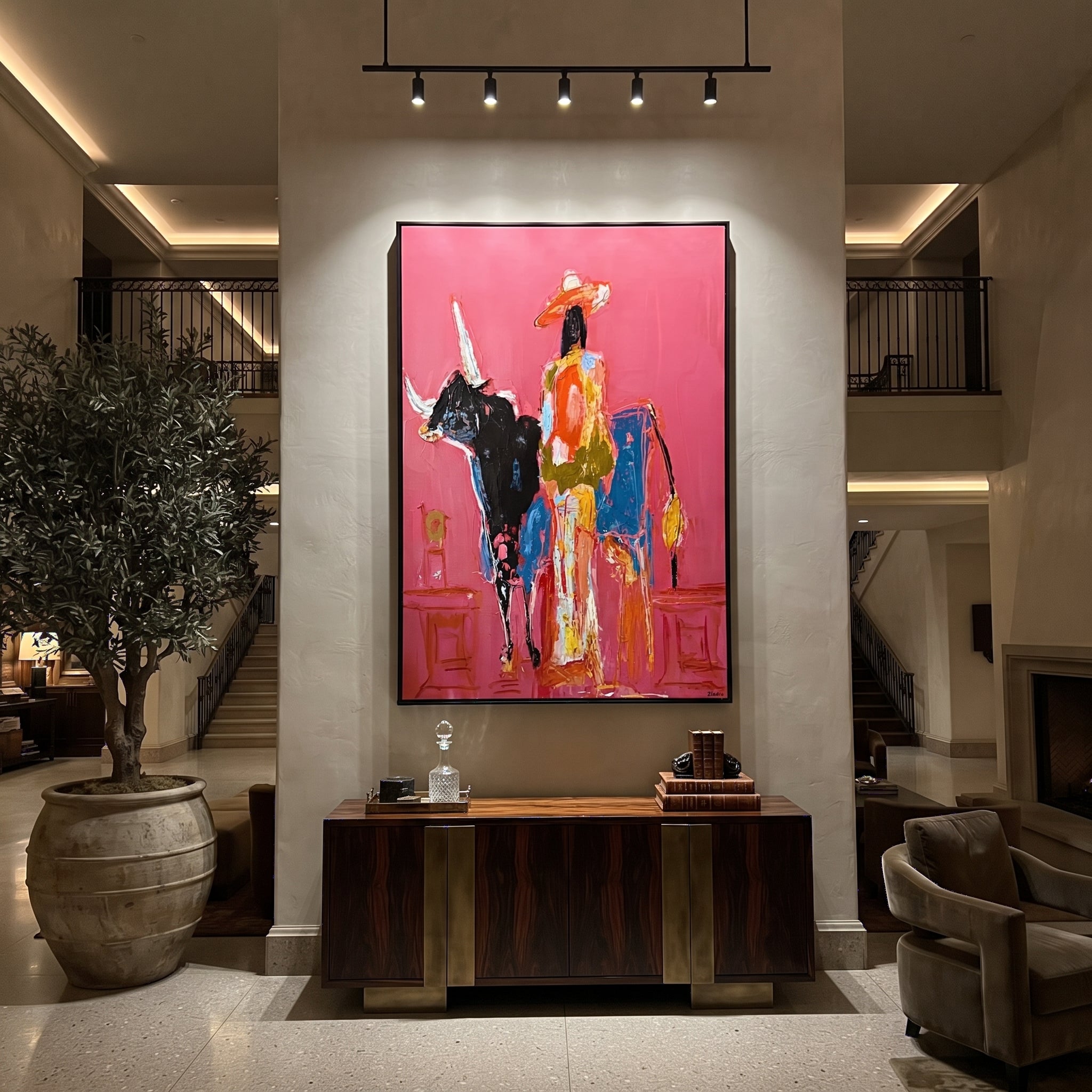 Flowing Dress Rides Midnight - cowgirl black longhorn painting by Ethan Mercer, contemporary Western vertical wall art – styled room scene view 2