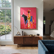 Flowing Dress Rides Midnight - cowgirl black longhorn painting by Ethan Mercer, contemporary Western vertical wall art – styled room scene view 3