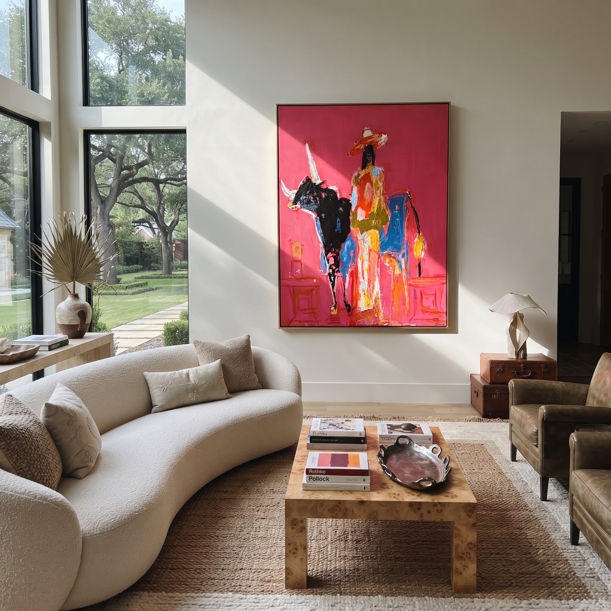 Flowing Dress Rides Midnight - cowgirl black longhorn painting by Ethan Mercer, contemporary Western vertical wall art – styled room scene view 4