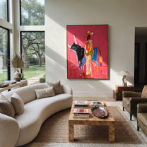 Flowing Dress Rides Midnight - cowgirl black longhorn painting by Ethan Mercer, contemporary Western vertical wall art – styled room scene view 4