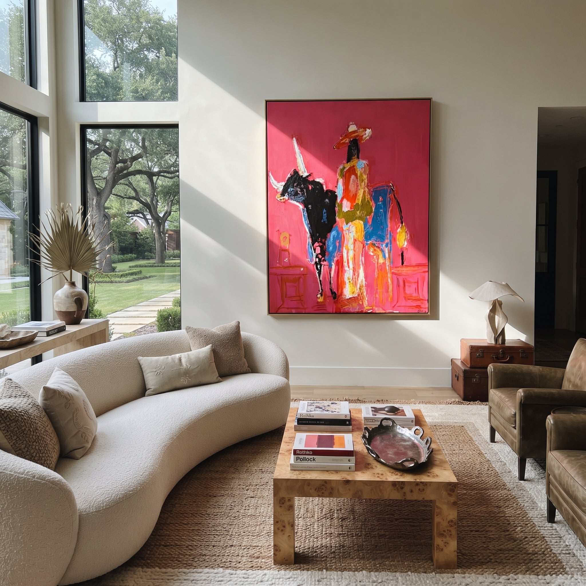 Flowing Dress Rides Midnight - cowgirl black longhorn painting by Ethan Mercer, contemporary Western vertical wall art – styled room scene view 4