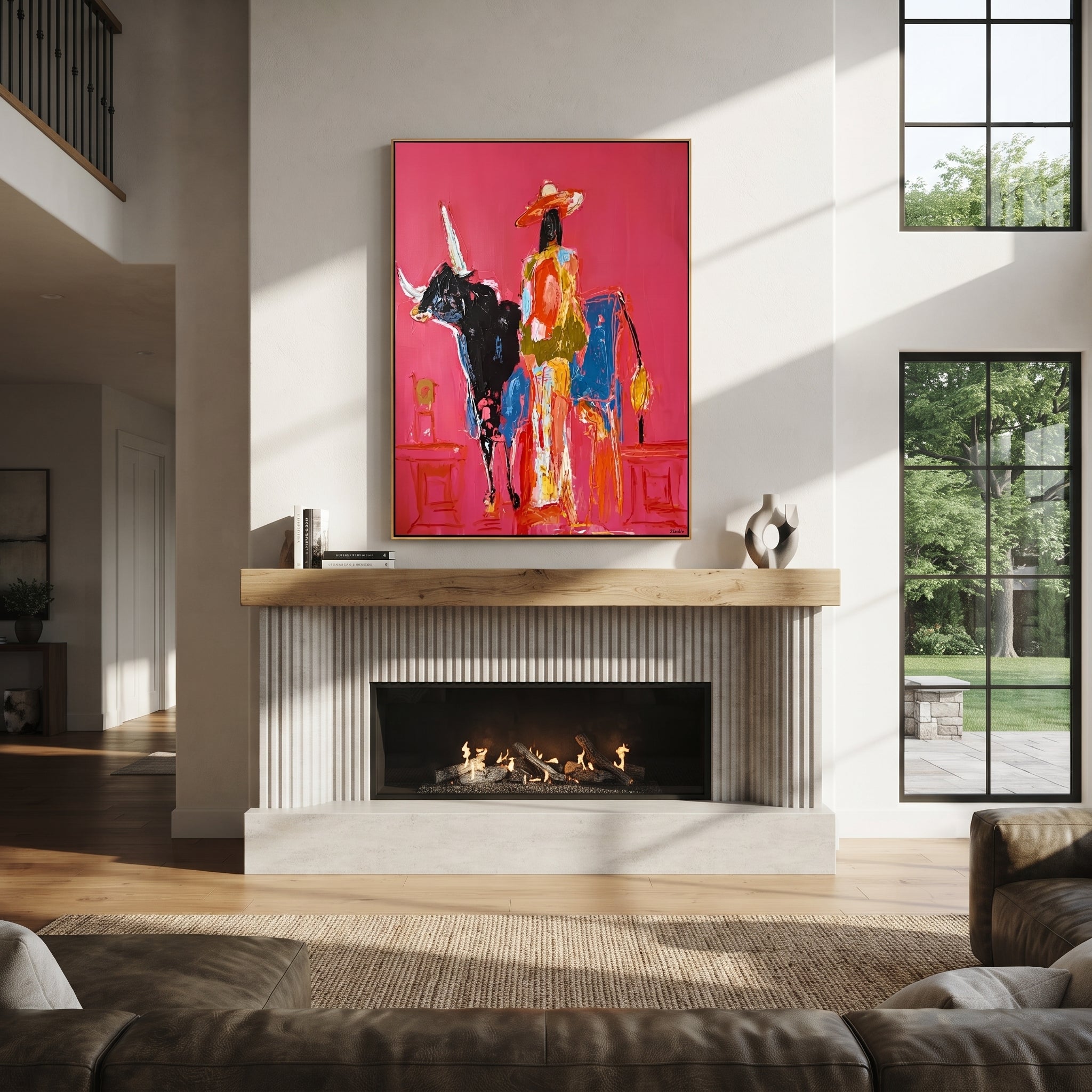 Flowing Dress Rides Midnight - cowgirl black longhorn painting by Ethan Mercer, contemporary Western vertical wall art – styled room scene view 5