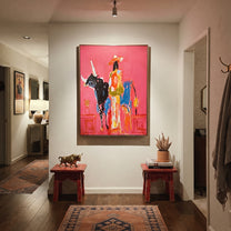 Flowing Dress Rides Midnight - cowgirl black longhorn painting by Ethan Mercer, contemporary Western vertical wall art – styled room scene view 6