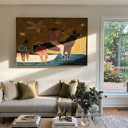 Three Cowboys Share Crossing - folk western group painting by Ethan Mercer, contemporary Western horizontal wall art – styled room scene view 1