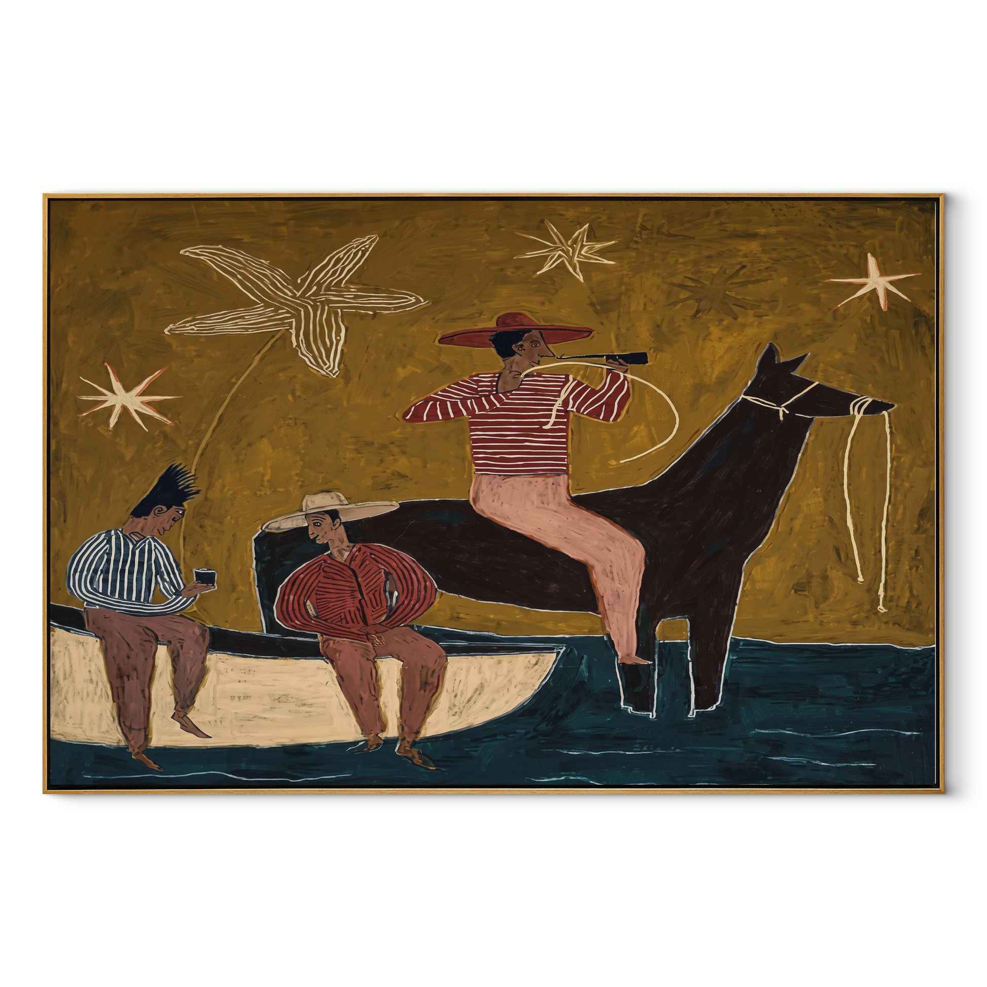 Three Cowboys Share Crossing - folk western group painting by Ethan Mercer, contemporary Western horizontal wall art – wood frame on white background