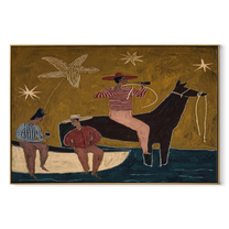 Three Cowboys Share Crossing - folk western group painting by Ethan Mercer, contemporary Western horizontal wall art – wood frame on white background
