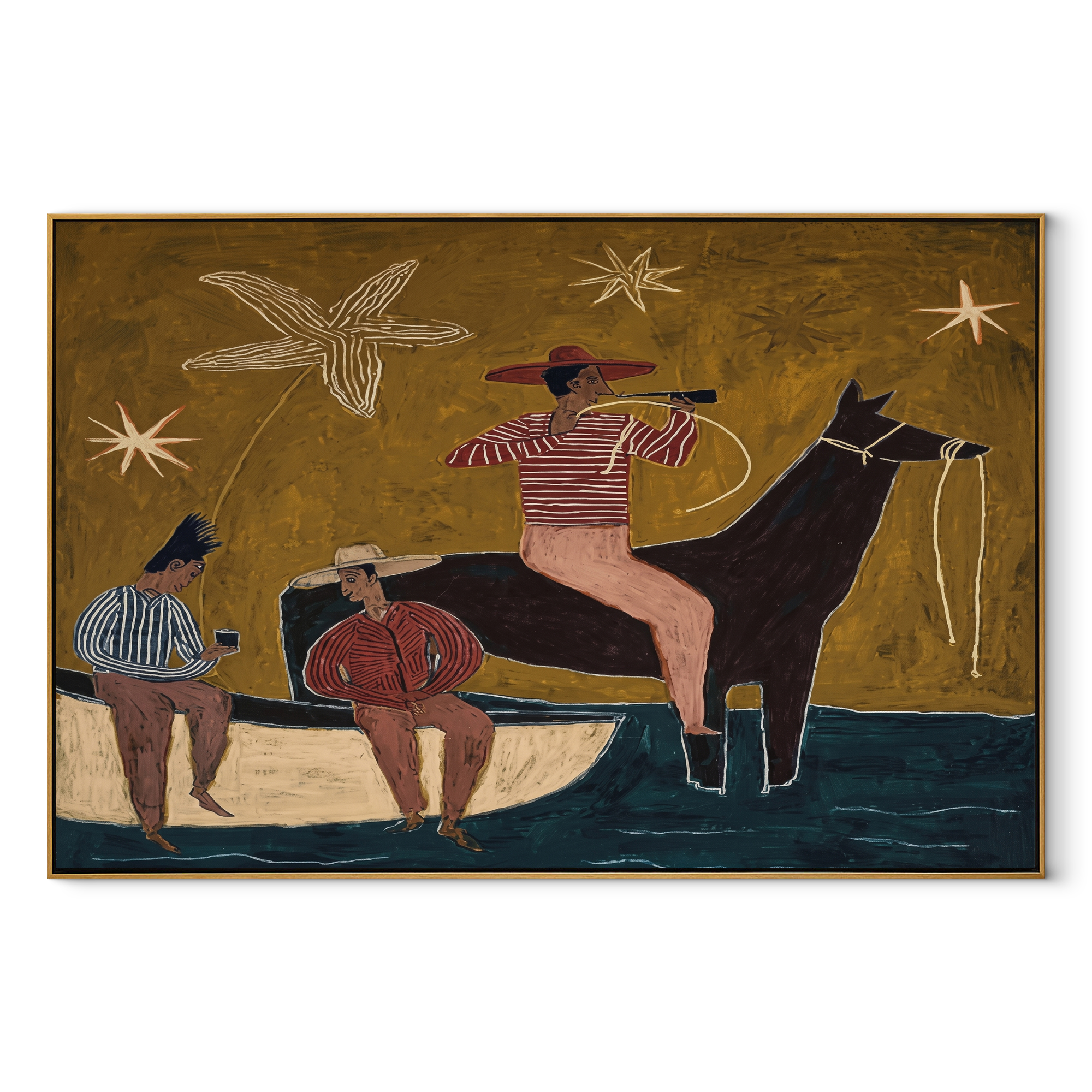 Three Cowboys Share Crossing - folk western group painting by Ethan Mercer, contemporary Western horizontal wall art – wood frame on white background