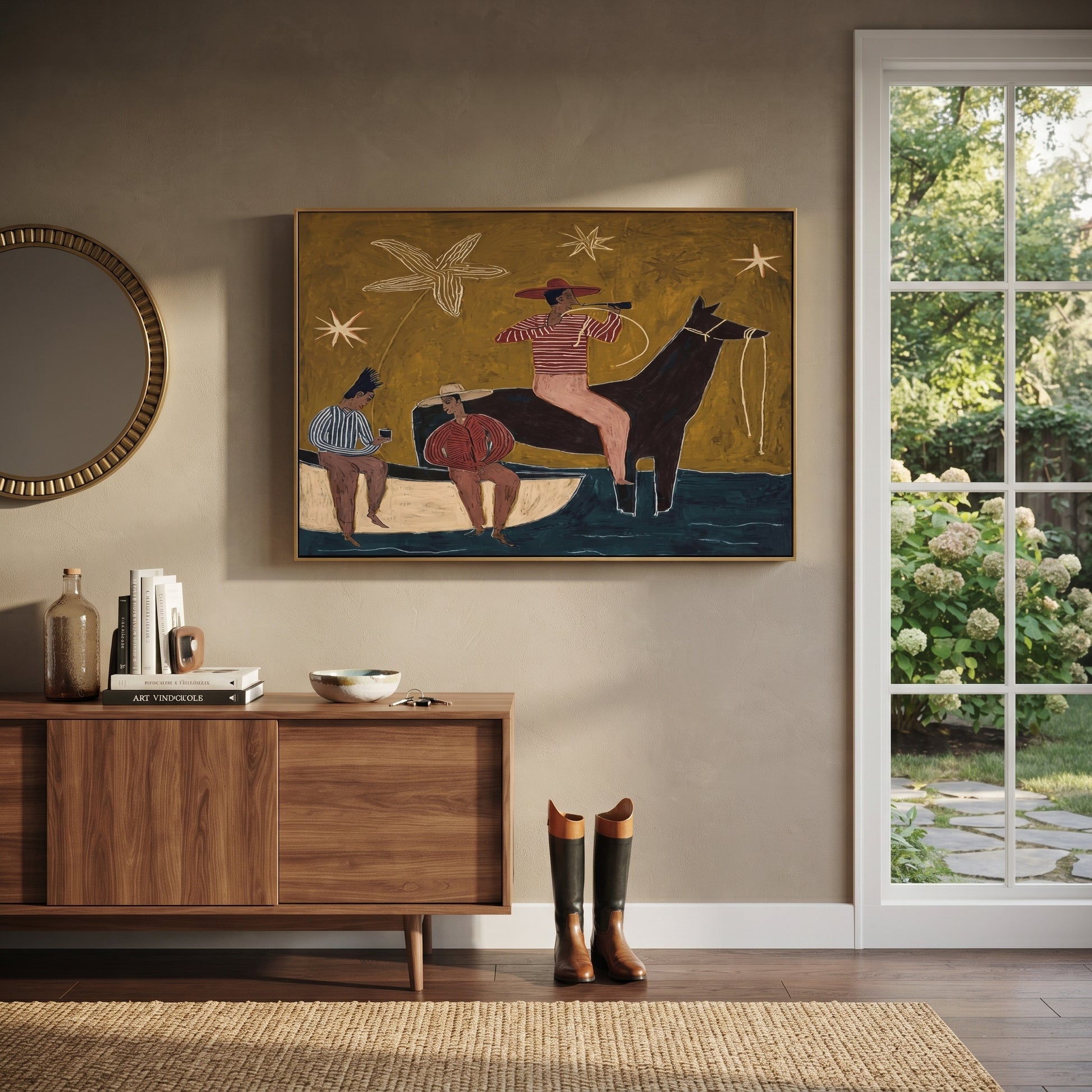Three Cowboys Share Crossing - folk western group painting by Ethan Mercer, contemporary Western horizontal wall art – styled room scene view 2