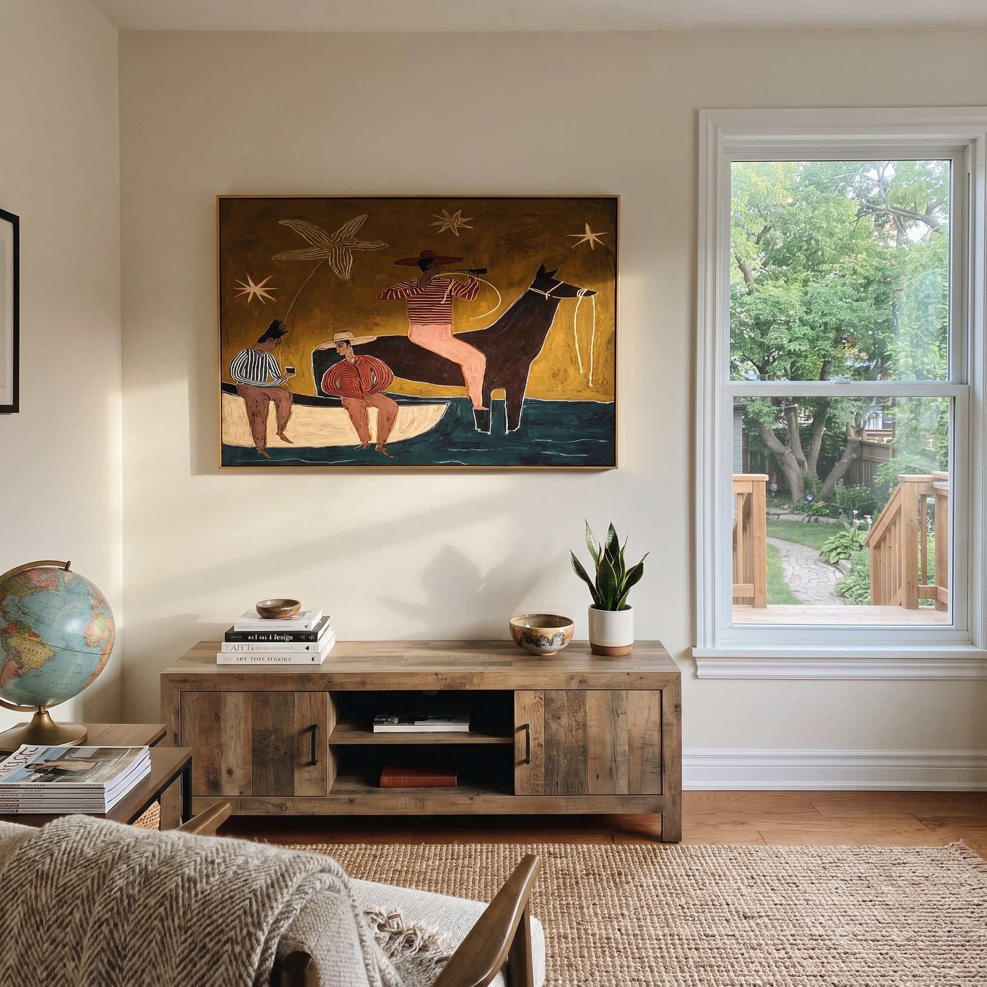 Three Cowboys Share Crossing - folk western group painting by Ethan Mercer, contemporary Western horizontal wall art – styled room scene view 3