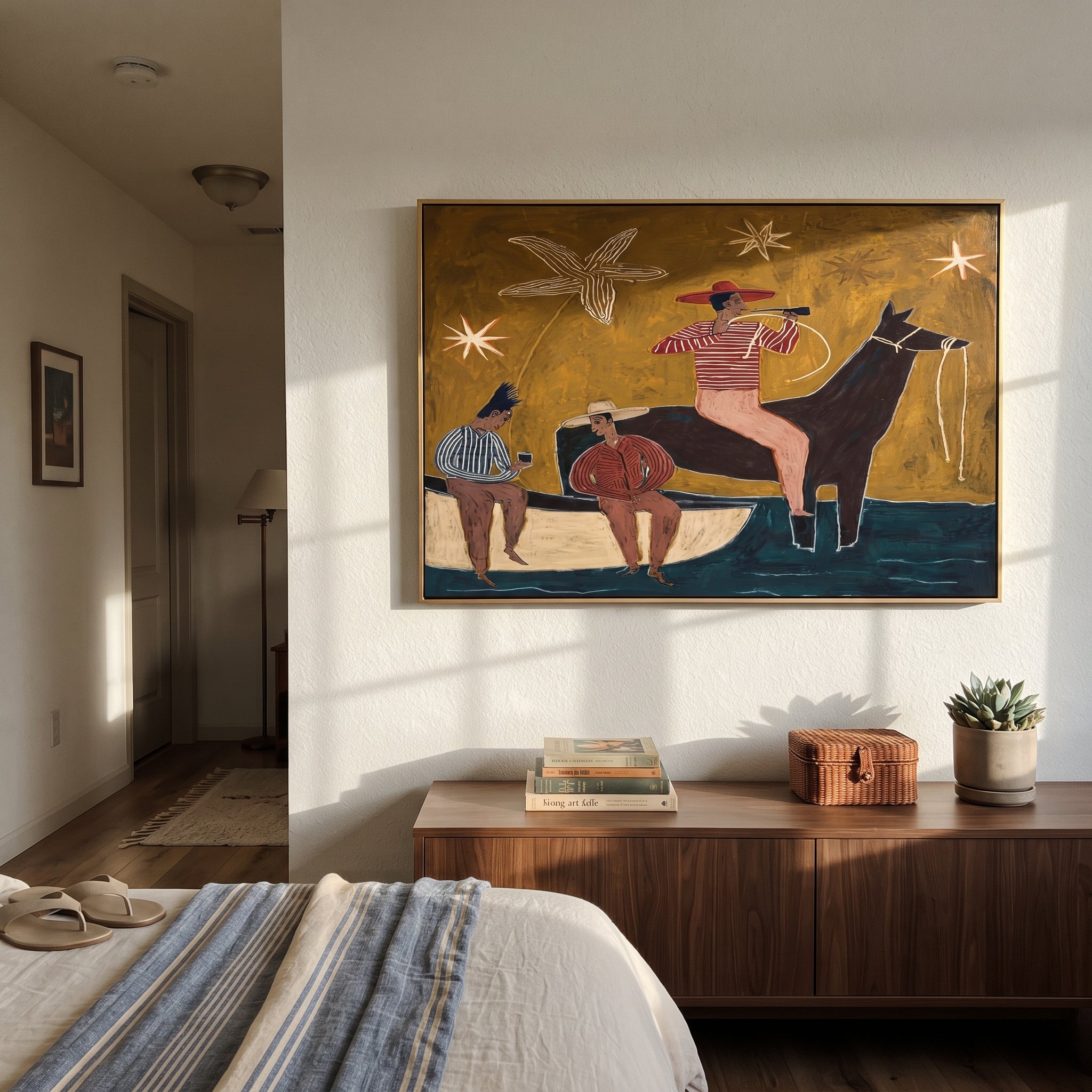 Three Cowboys Share Crossing - folk western group painting by Ethan Mercer, contemporary Western horizontal wall art – styled room scene view 4
