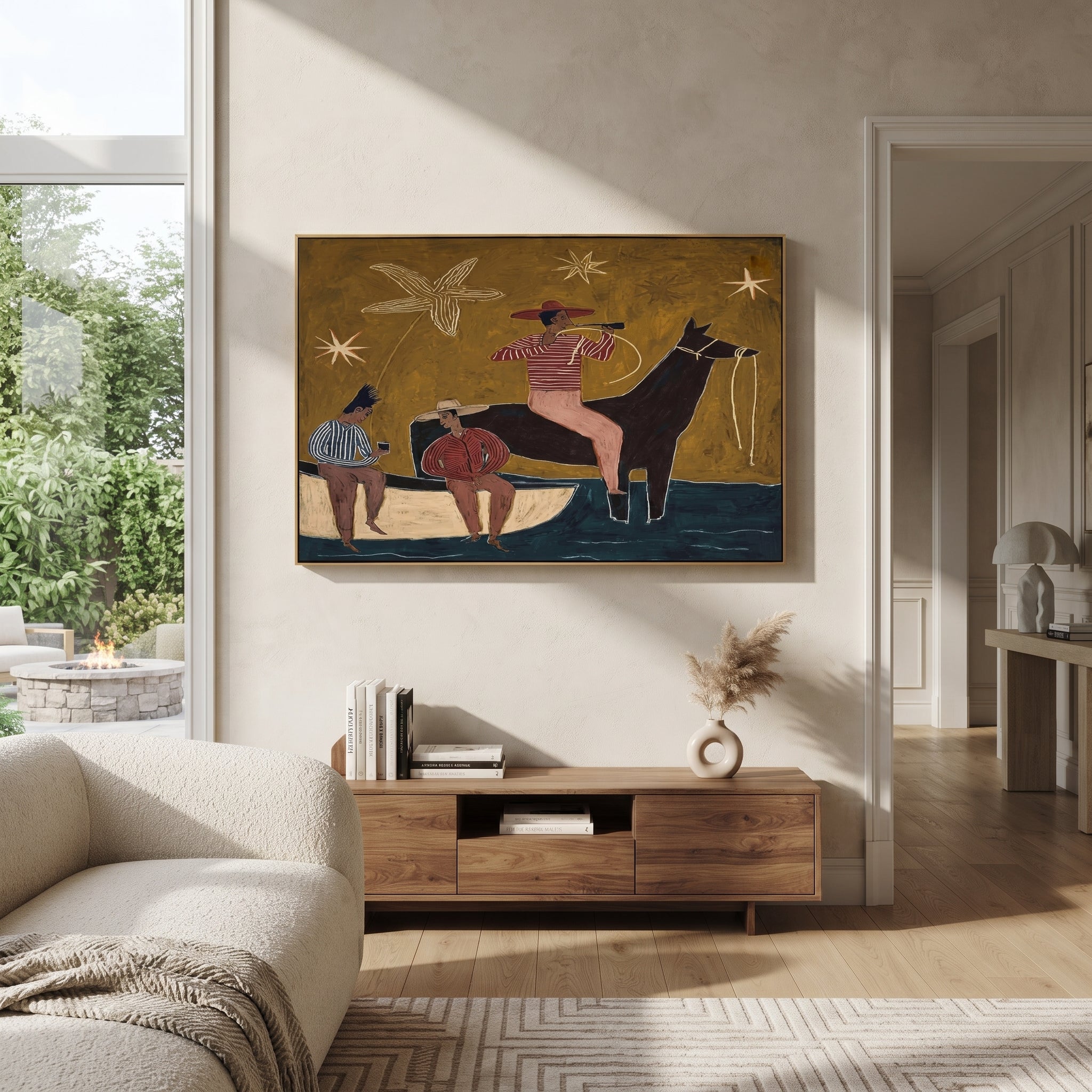 Three Cowboys Share Crossing - folk western group painting by Ethan Mercer, contemporary Western horizontal wall art – styled room scene view 5