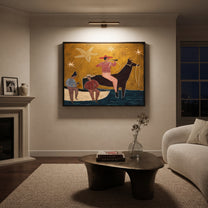 Three Cowboys Share Crossing - folk western group painting by Ethan Mercer, contemporary Western horizontal wall art – styled room scene view 6